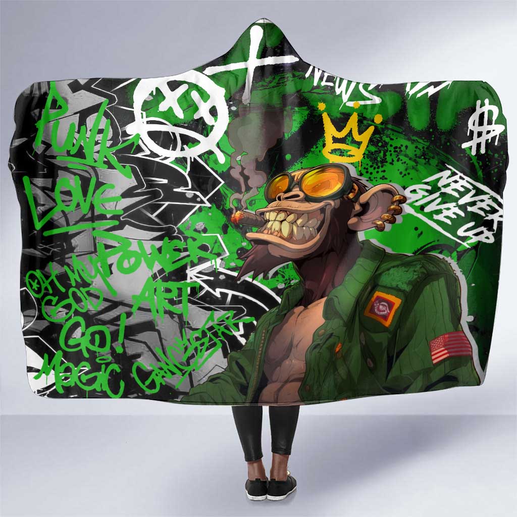 Graffiti Street Art Hooded Blanket Smoking Ape Character and Neon Crown Symbols - African Pride