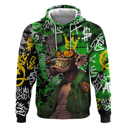Graffiti Street Art Hoodie Smoking Ape Character and Neon Crown Symbols - African Pride