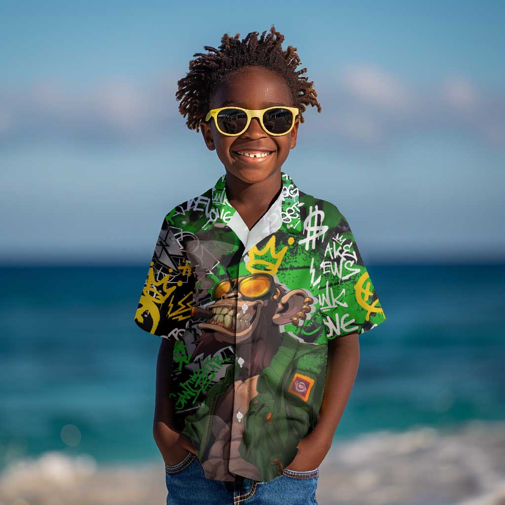 Graffiti Street Art Kid Hawaiian Shirt Smoking Ape Character and Neon Crown Symbols - African Pride