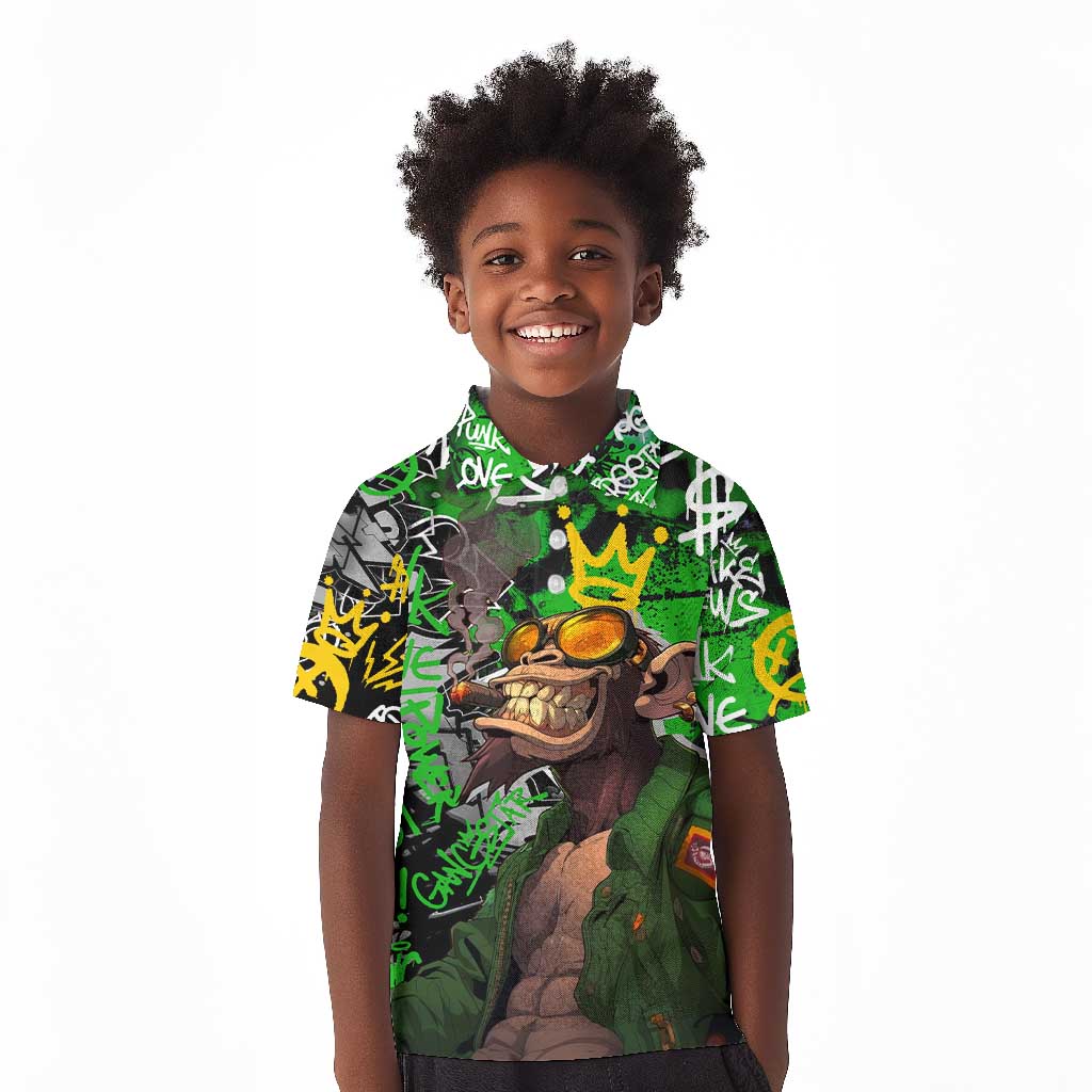 Graffiti Street Art Kid Polo Shirt Smoking Ape Character and Neon Crown Symbols - African Pride