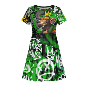 Graffiti Street Art Kid Short Sleeve Dress Smoking Ape Character and Neon Crown Symbols - African Pride