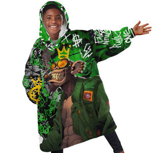 Graffiti Street Art Kid Wearable Blanket Hoodie Smoking Ape Character and Neon Crown Symbols - African Pride