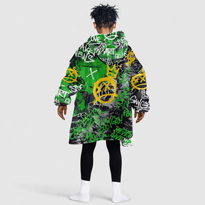 Graffiti Street Art Kid Wearable Blanket Hoodie Smoking Ape Character and Neon Crown Symbols - African Pride