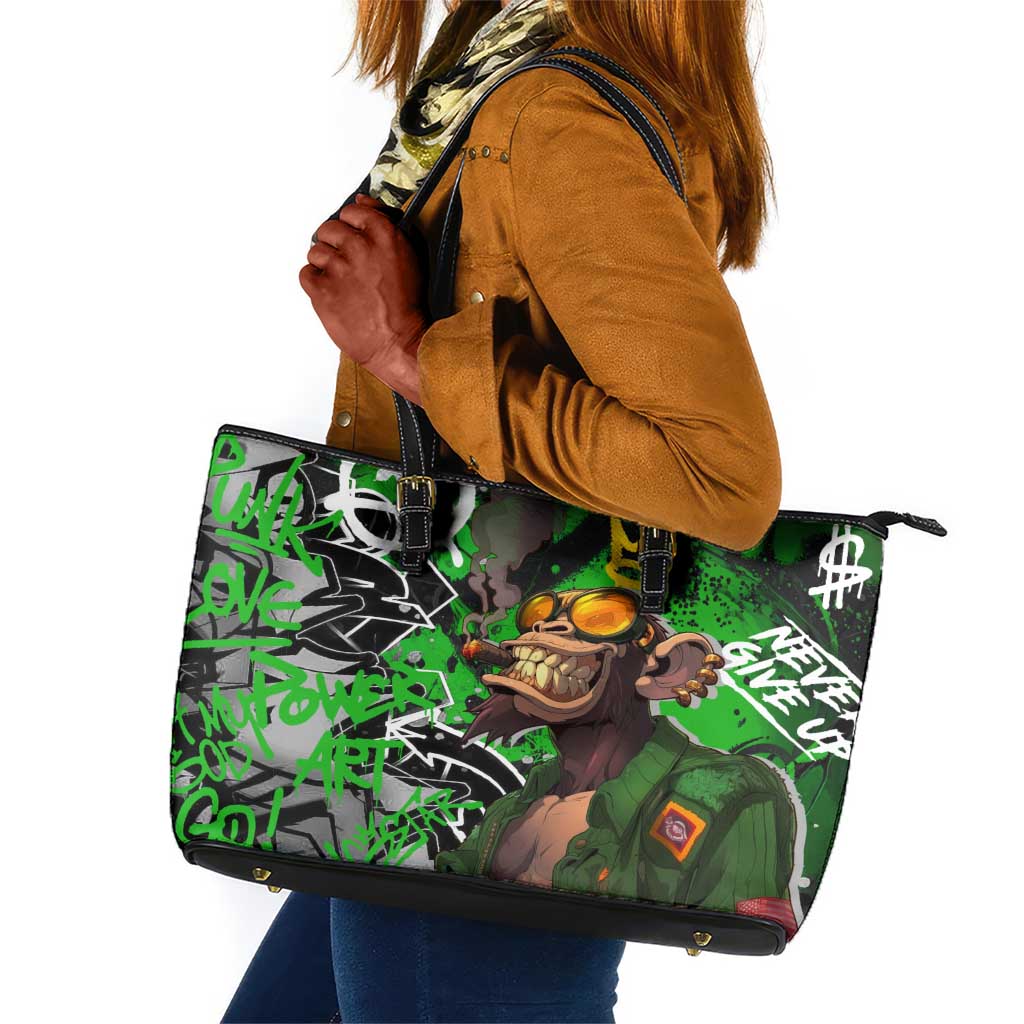 Graffiti Street Art Leather Tote Bag Smoking Ape Character and Neon Crown Symbols - African Pride