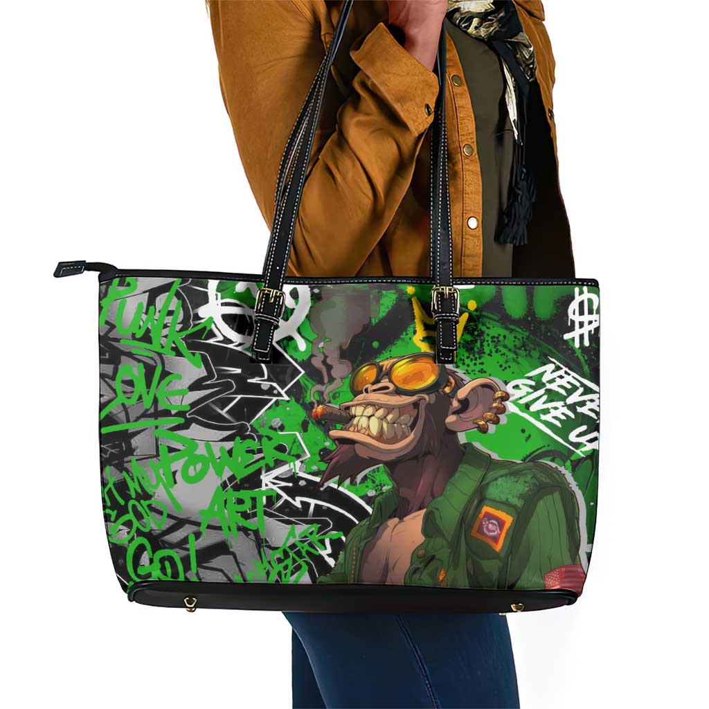 Graffiti Street Art Leather Tote Bag Smoking Ape Character and Neon Crown Symbols - African Pride