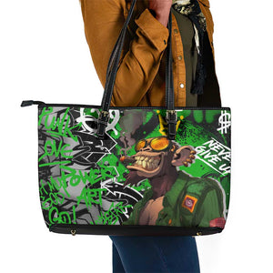 Graffiti Street Art Leather Tote Bag Smoking Ape Character and Neon Crown Symbols - African Pride