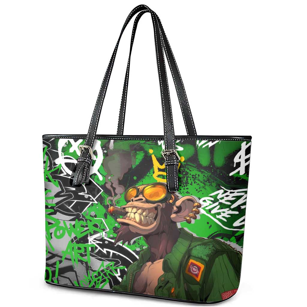 Graffiti Street Art Leather Tote Bag Smoking Ape Character and Neon Crown Symbols - African Pride