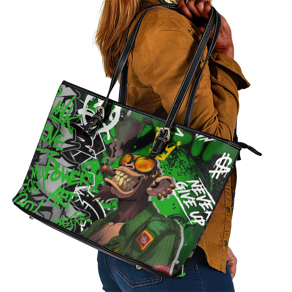Graffiti Street Art Leather Tote Bag Smoking Ape Character and Neon Crown Symbols - African Pride