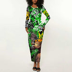 Graffiti Street Art Long Sleeve Bodycon Dress Smoking Ape Character and Neon Crown Symbols - African Pride