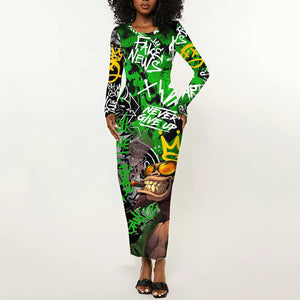 Graffiti Street Art Long Sleeve Bodycon Dress Smoking Ape Character and Neon Crown Symbols - African Pride
