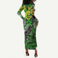 Graffiti Street Art Long Sleeve Bodycon Dress Smoking Ape Character and Neon Crown Symbols - African Pride