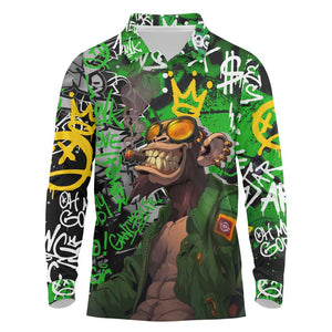 Graffiti Street Art Long Sleeve Polo Shirt Smoking Ape Character and Neon Crown Symbols - African Pride