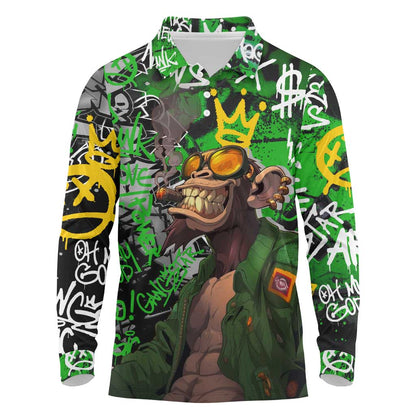 Graffiti Street Art Long Sleeve Polo Shirt Smoking Ape Character and Neon Crown Symbols - African Pride