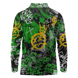 Graffiti Street Art Long Sleeve Polo Shirt Smoking Ape Character and Neon Crown Symbols - African Pride