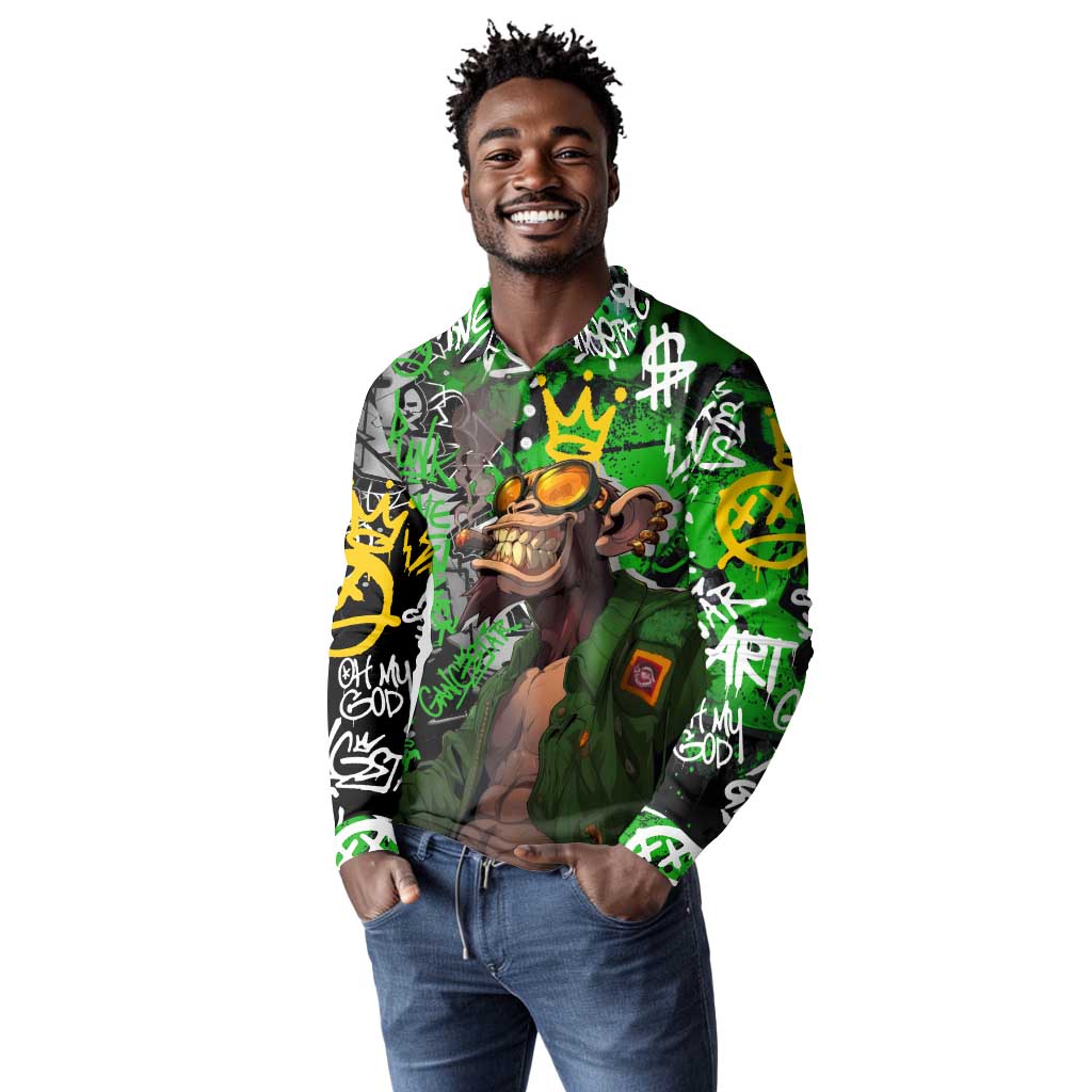 Graffiti Street Art Long Sleeve Polo Shirt Smoking Ape Character and Neon Crown Symbols - African Pride
