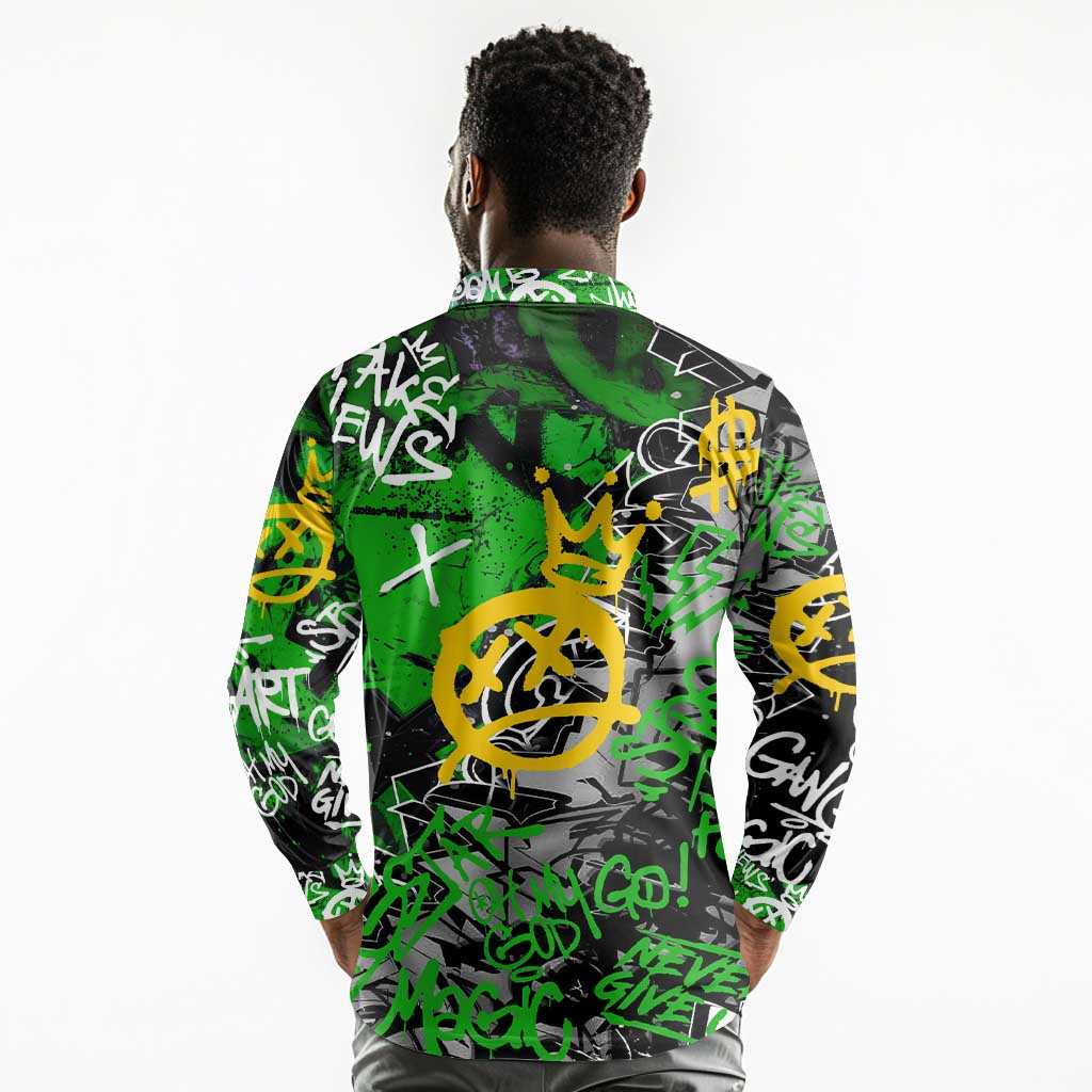 Graffiti Street Art Long Sleeve Polo Shirt Smoking Ape Character and Neon Crown Symbols - African Pride
