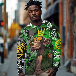 Graffiti Street Art Long Sleeve Shirt Smoking Ape Character and Neon Crown Symbols - African Pride