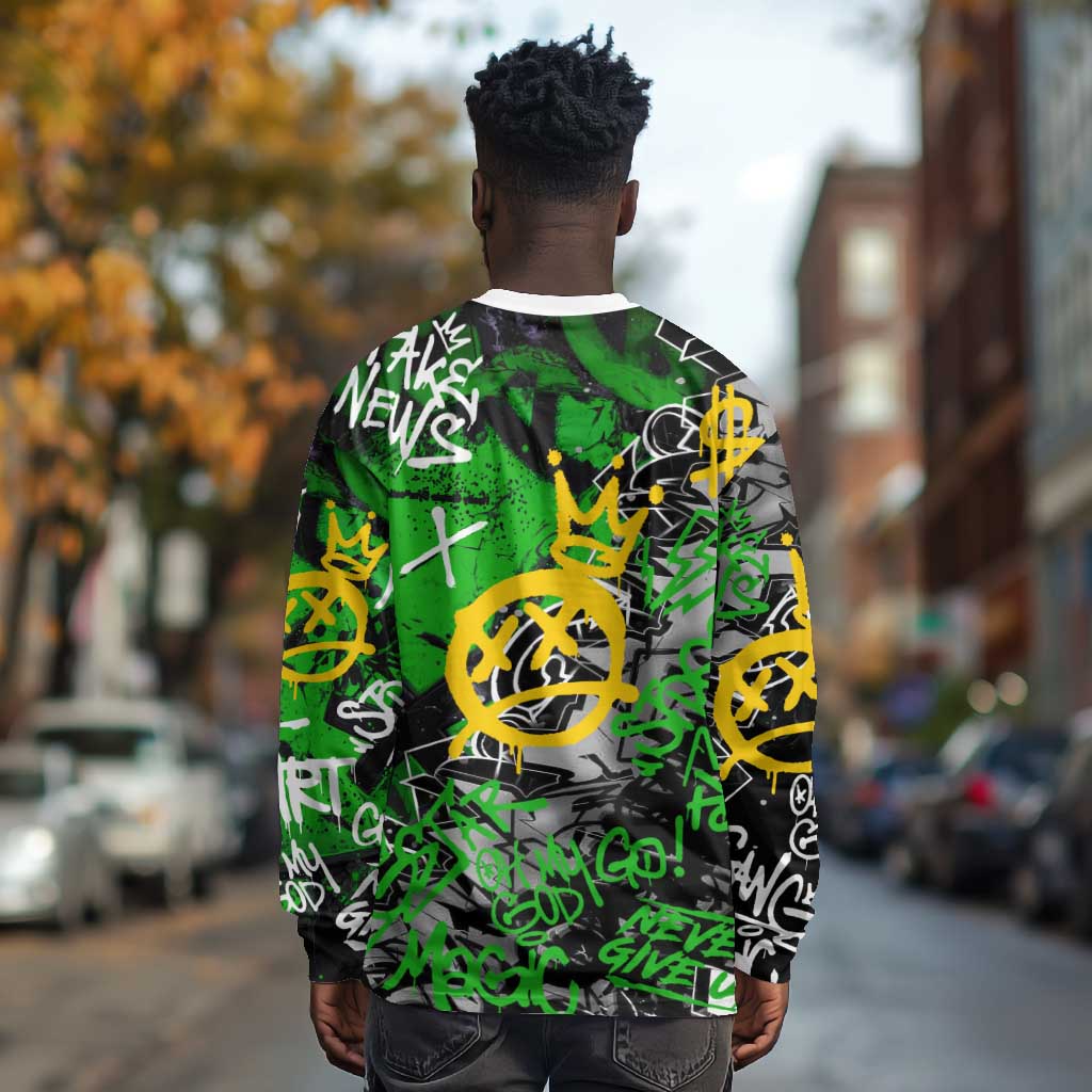 Graffiti Street Art Long Sleeve Shirt Smoking Ape Character and Neon Crown Symbols - African Pride