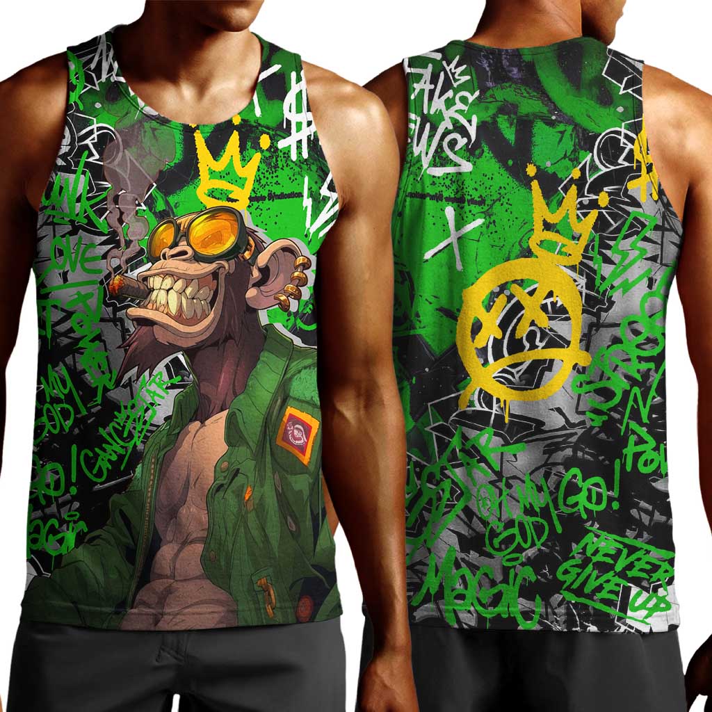 Graffiti Street Art Men Tank Top Smoking Ape Character and Neon Crown Symbols - African Pride