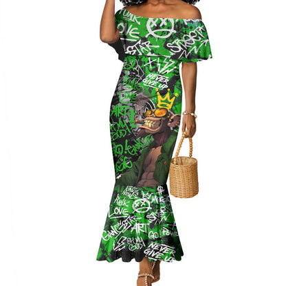 Graffiti Street Art Mermaid Dress Smoking Ape Character and Neon Crown Symbols - African Pride