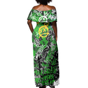 Graffiti Street Art Off Shoulder Maxi Dress Smoking Ape Character and Neon Crown Symbols - African Pride