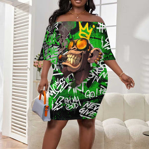 Graffiti Street Art Off Shoulder Short Dress Smoking Ape Character and Neon Crown Symbols - African Pride