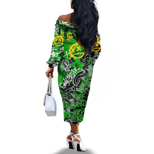 Graffiti Street Art Off The Shoulder Long Sleeve Dress Smoking Ape Character and Neon Crown Symbols - African Pride