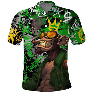 Graffiti Street Art Polo Shirt Smoking Ape Character and Neon Crown Symbols - African Pride