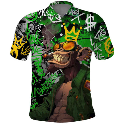 Graffiti Street Art Polo Shirt Smoking Ape Character and Neon Crown Symbols - African Pride