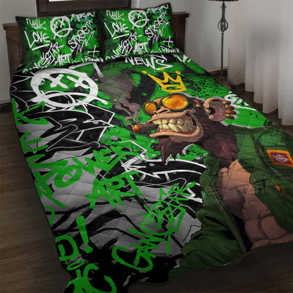 Graffiti Street Art Quilt Bed Set Smoking Ape Character and Neon Crown Symbols - African Pride