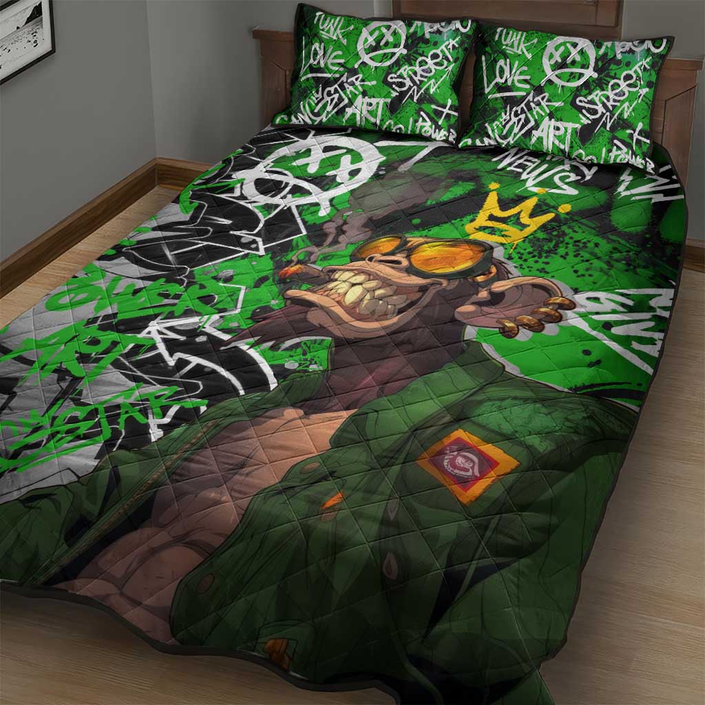 Graffiti Street Art Quilt Bed Set Smoking Ape Character and Neon Crown Symbols - African Pride
