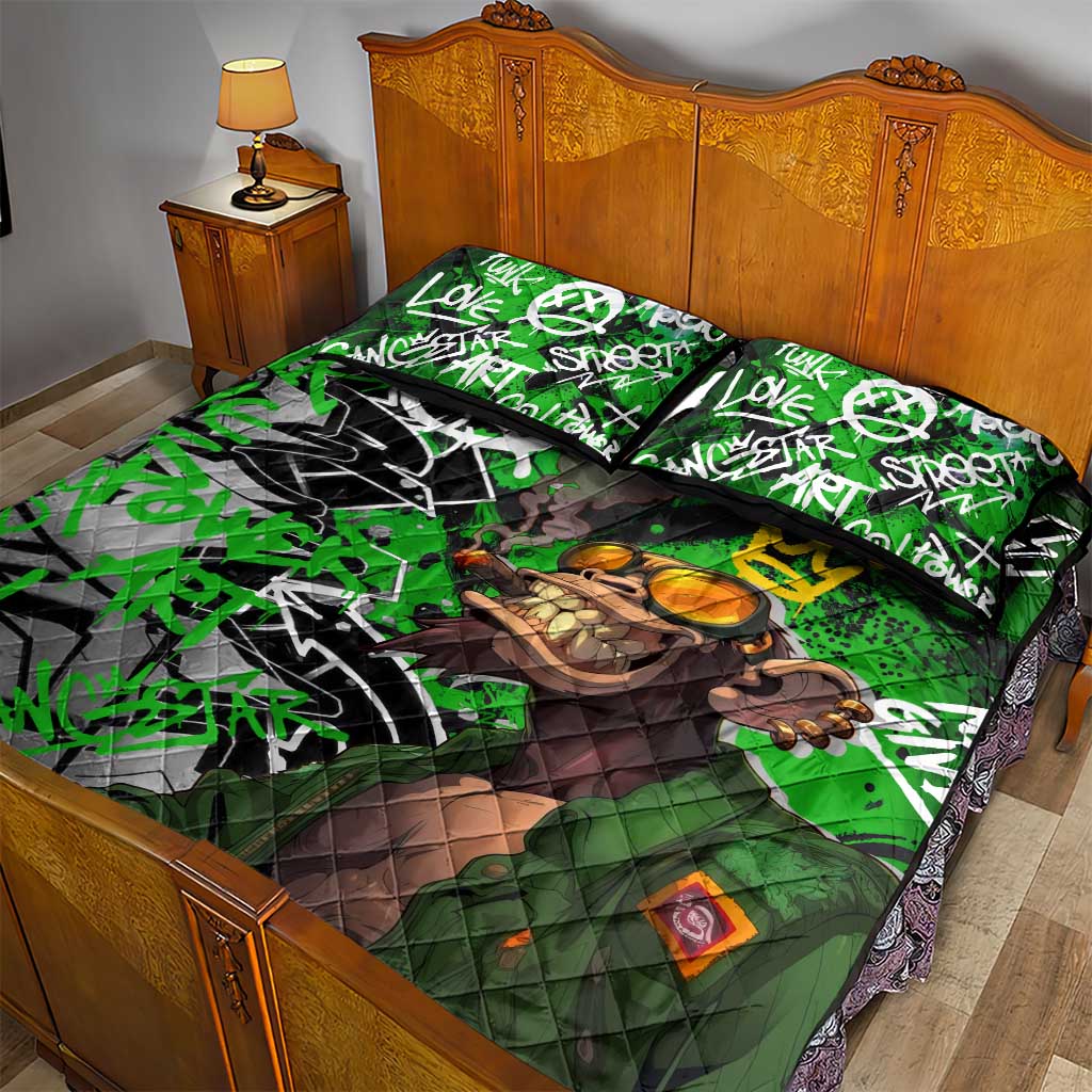 Graffiti Street Art Quilt Bed Set Smoking Ape Character and Neon Crown Symbols - African Pride