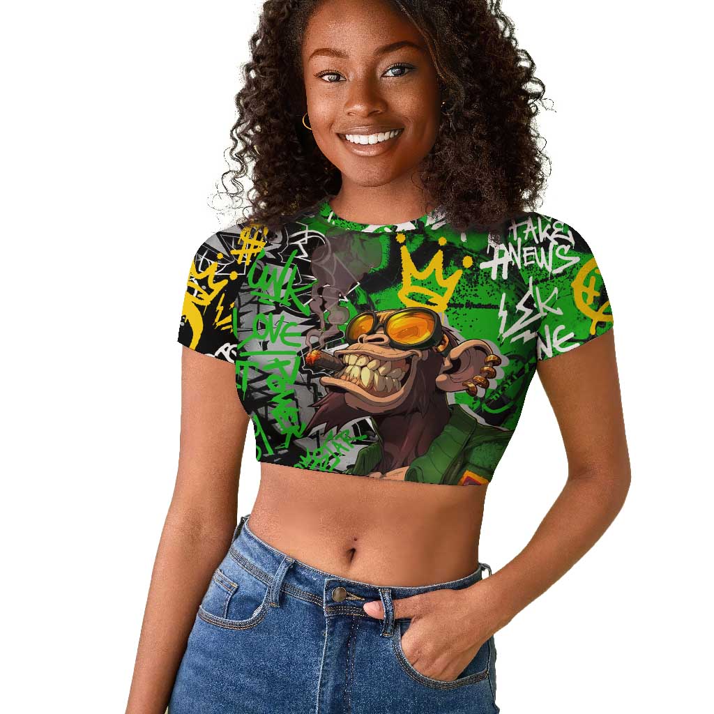 Graffiti Street Art Raglan Cropped T shirt Smoking Ape Character and Neon Crown Symbols - African Pride