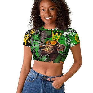 Graffiti Street Art Raglan Cropped T shirt Smoking Ape Character and Neon Crown Symbols - African Pride