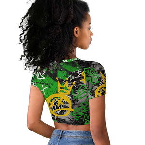 Graffiti Street Art Raglan Cropped T shirt Smoking Ape Character and Neon Crown Symbols - African Pride