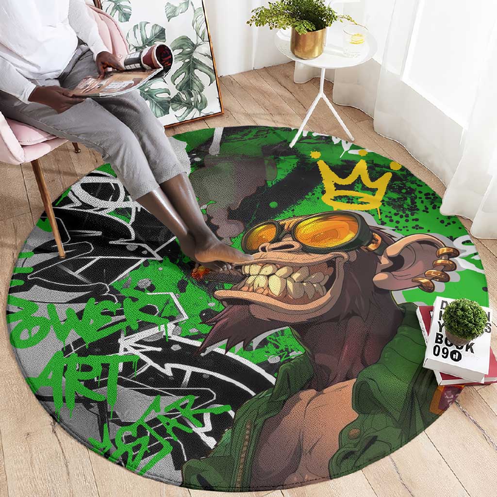 Graffiti Street Art Round Carpet Smoking Ape Character and Neon Crown Symbols - African Pride