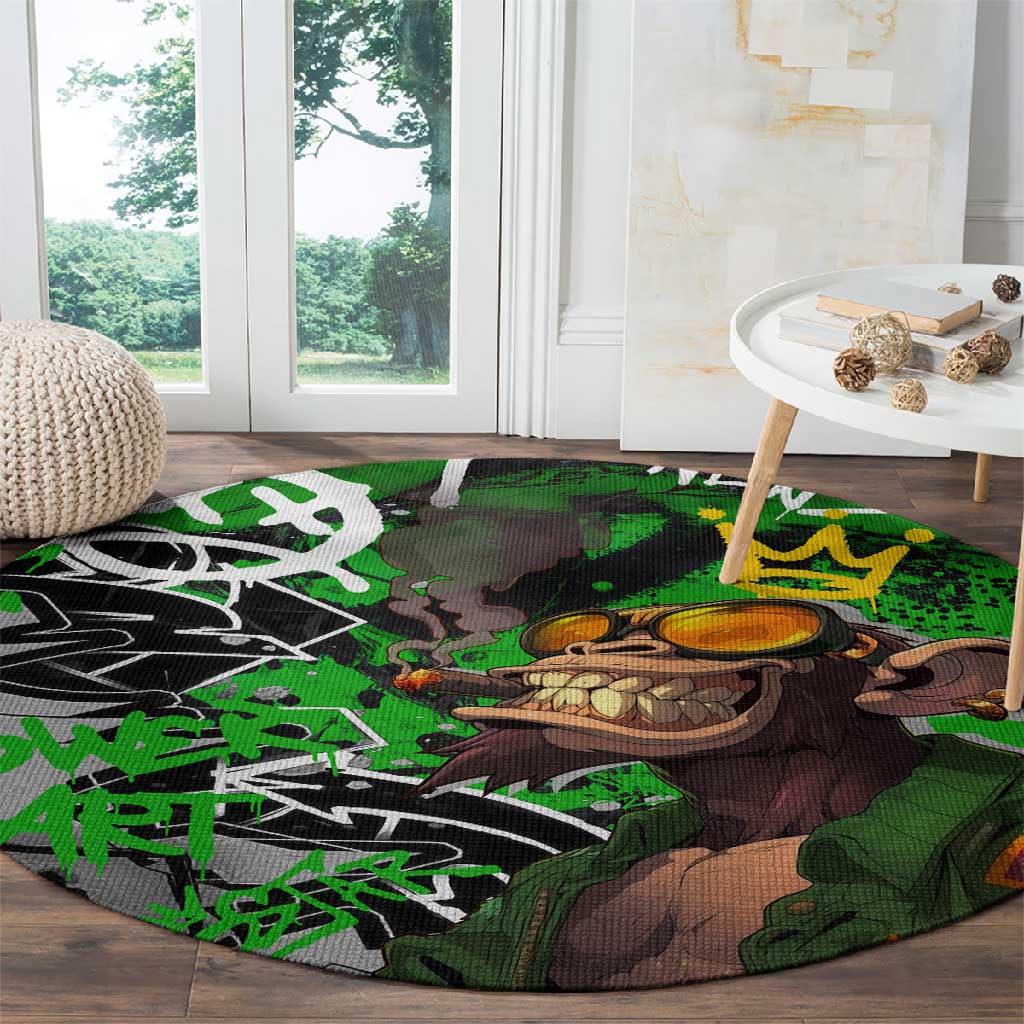 Graffiti Street Art Round Carpet Smoking Ape Character and Neon Crown Symbols - African Pride