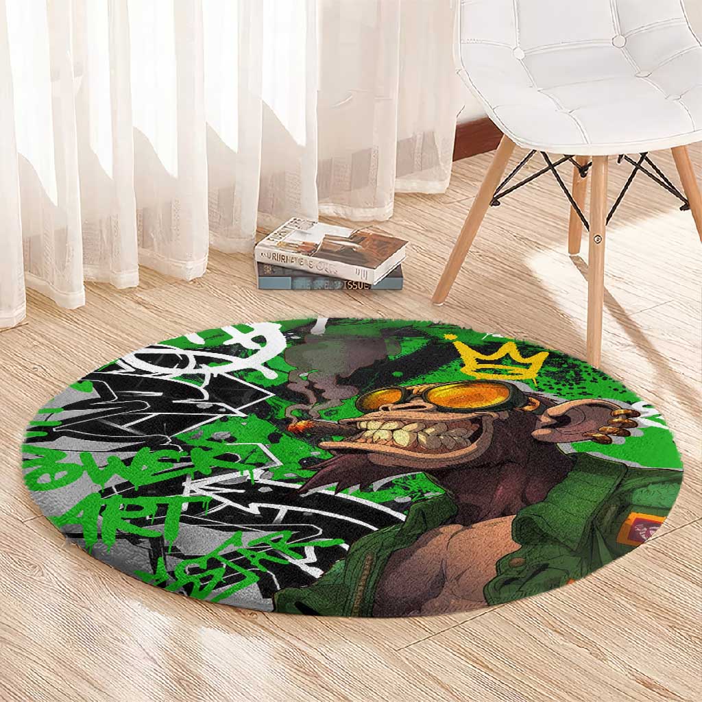 Graffiti Street Art Round Carpet Smoking Ape Character and Neon Crown Symbols - African Pride