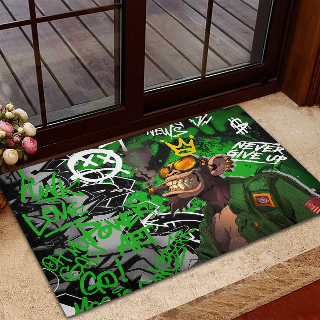 Graffiti Street Art Rubber Doormat Smoking Ape Character and Neon Crown Symbols - African Pride