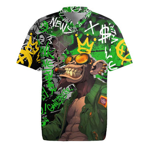 Graffiti Street Art Rugby Jersey Smoking Ape Character and Neon Crown Symbols - African Pride