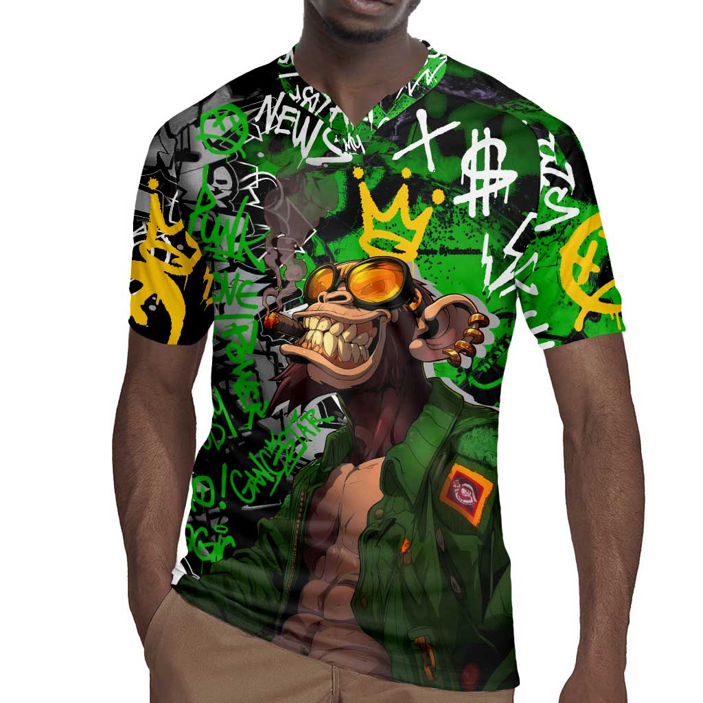 Graffiti Street Art Rugby Jersey Smoking Ape Character and Neon Crown Symbols - African Pride