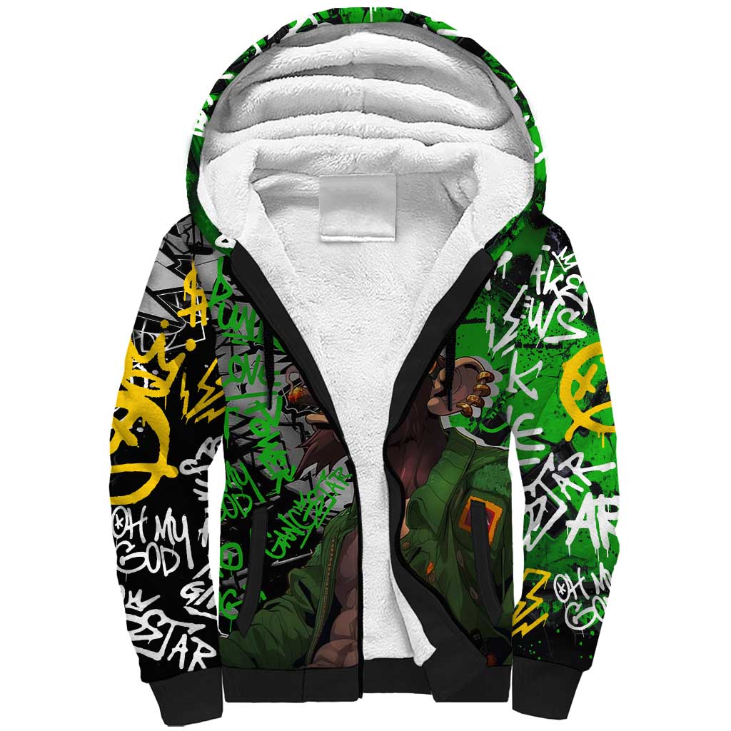 Graffiti Street Art Sherpa Hoodie Smoking Ape Character and Neon Crown Symbols - African Pride