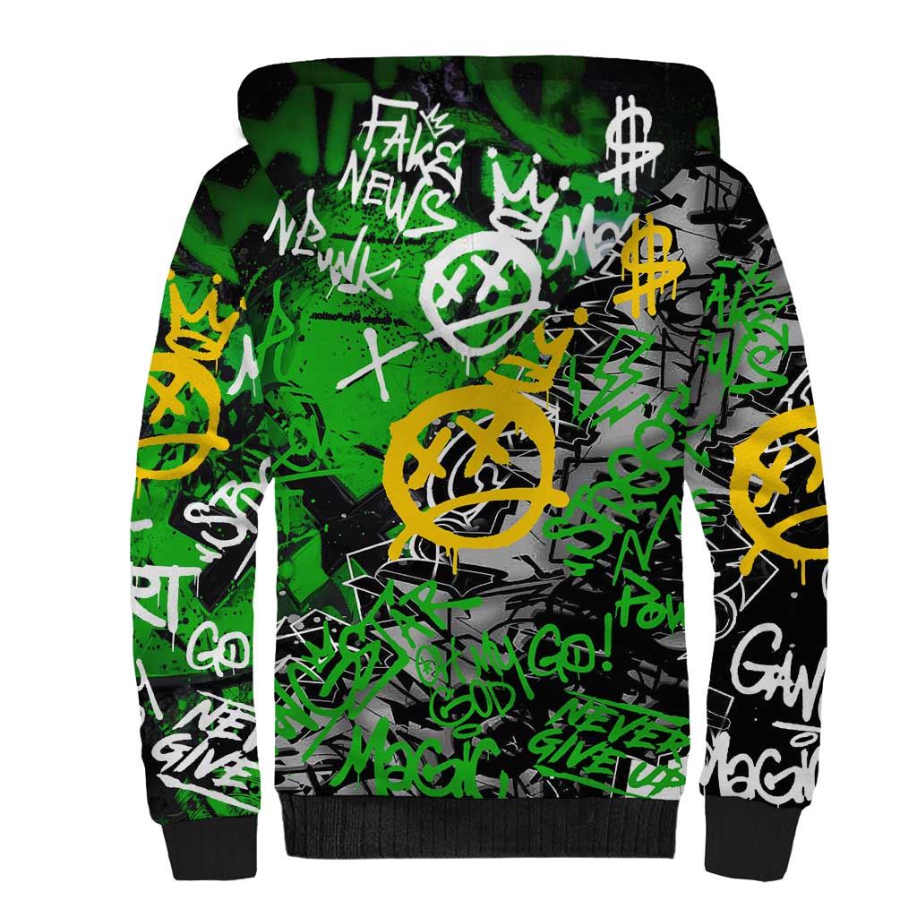 Graffiti Street Art Sherpa Hoodie Smoking Ape Character and Neon Crown Symbols - African Pride