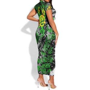 Graffiti Street Art Short Sleeve Bodycon Dress Smoking Ape Character and Neon Crown Symbols - African Pride