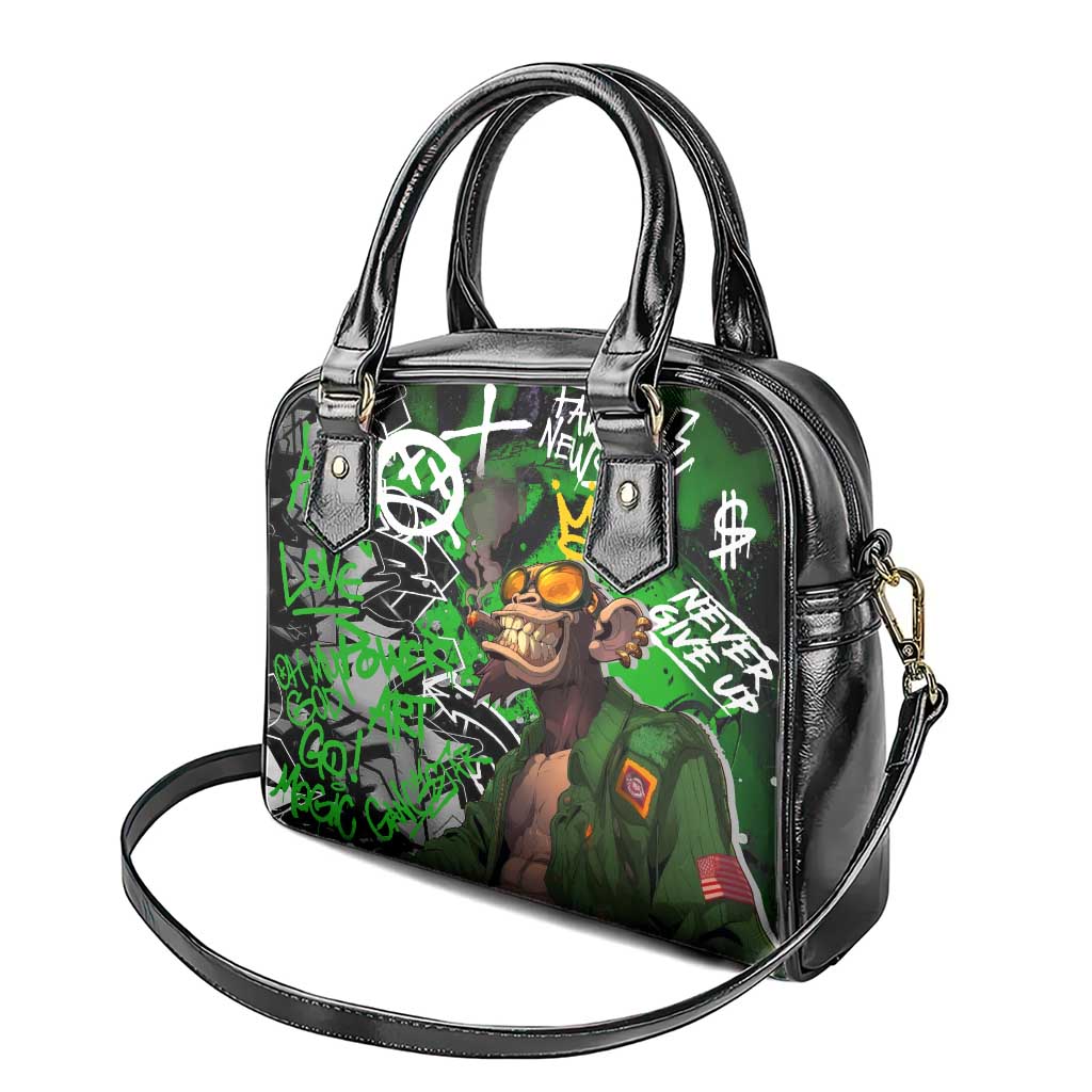 Graffiti Street Art Shoulder Handbag Smoking Ape Character and Neon Crown Symbols - African Pride