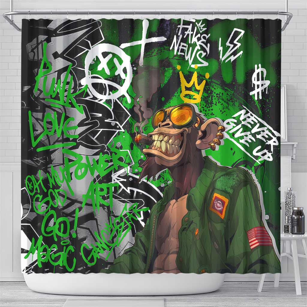 Graffiti Street Art Shower Curtain Smoking Ape Character and Neon Crown Symbols - African Pride