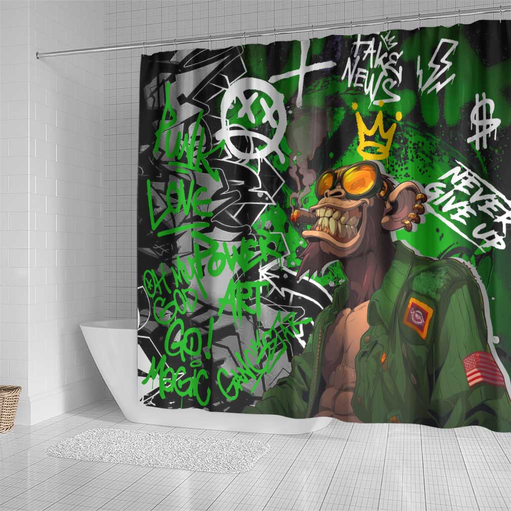 Graffiti Street Art Shower Curtain Smoking Ape Character and Neon Crown Symbols - African Pride