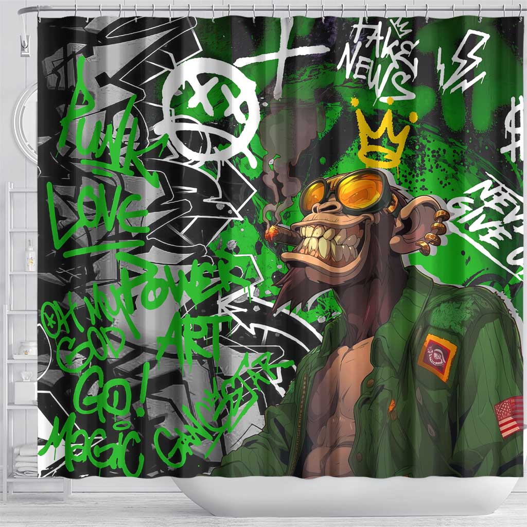 Graffiti Street Art Shower Curtain Smoking Ape Character and Neon Crown Symbols - African Pride