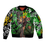 Graffiti Street Art Sleeve Zip Bomber Jacket Smoking Ape Character and Neon Crown Symbols - African Pride