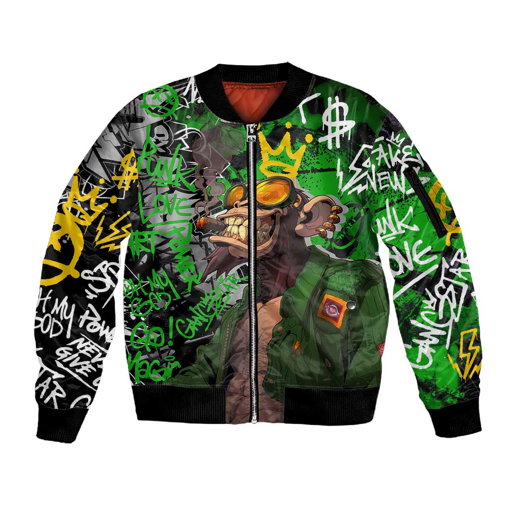 Graffiti Street Art Sleeve Zip Bomber Jacket Smoking Ape Character and Neon Crown Symbols - African Pride